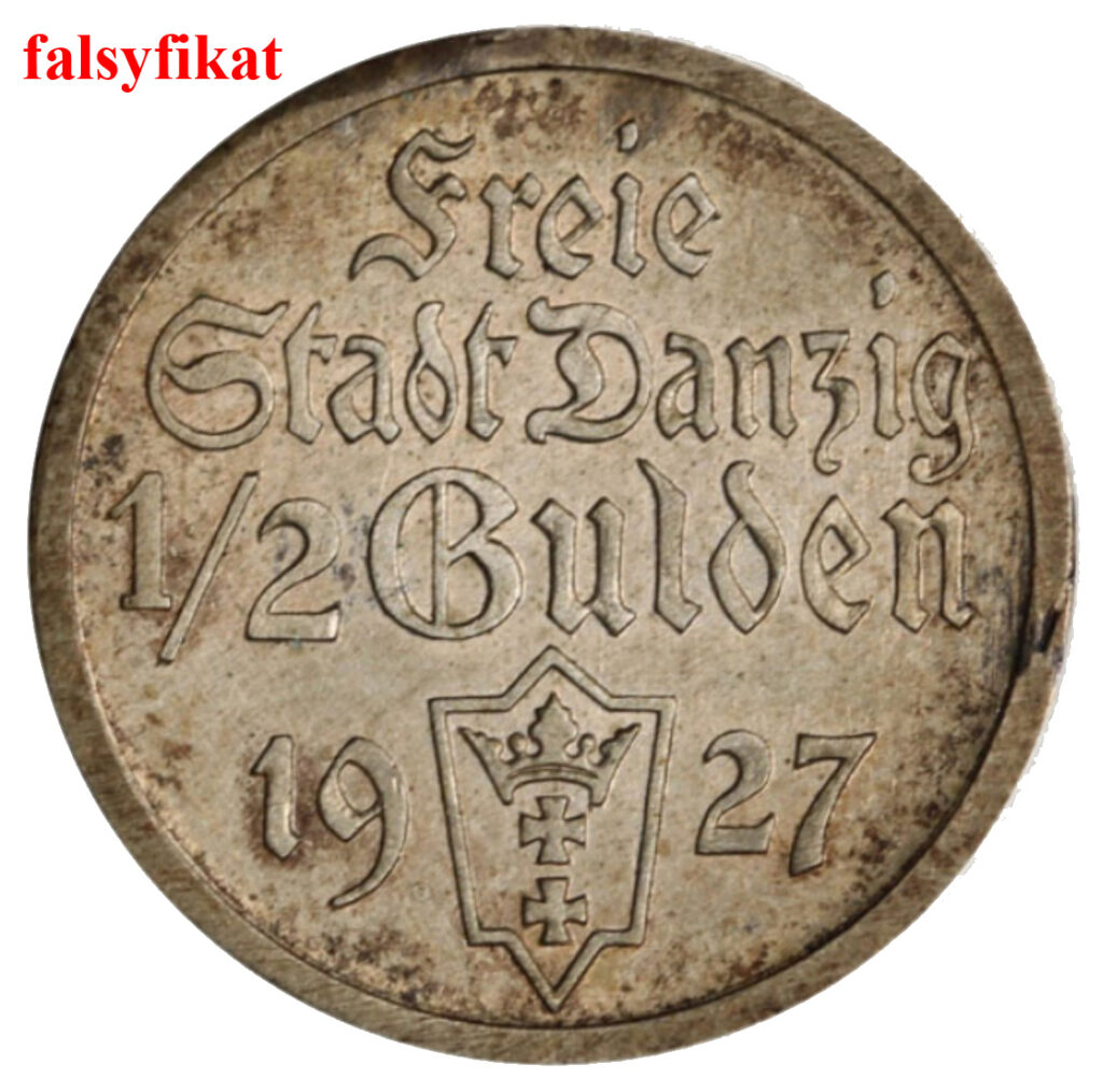 Fałszywe 1/2 guldena 1927 Wolne Miasto Gdańsk.